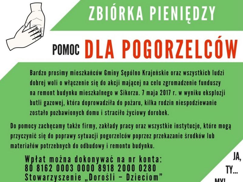 Zbiórka pieniędzy - pomoc dla pogorzelców